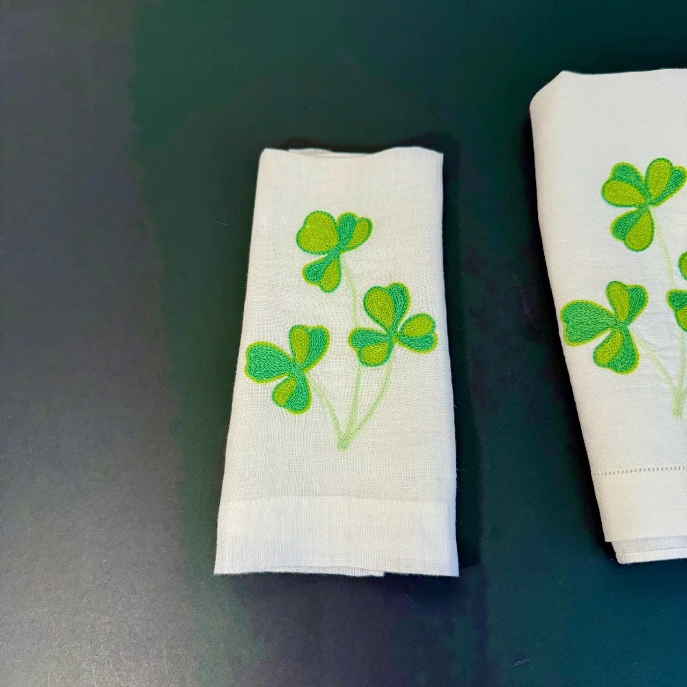 Vintage, 3 White Madeira Linen , Embroidered Shamrock Finger Tip Guest Towels